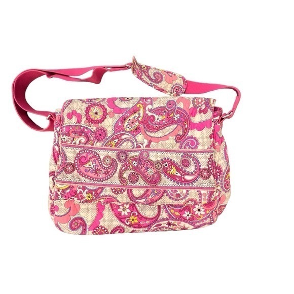 Vera Bradley Handbags - Vera Bradley Messenger Cross‎ Body Bag Pink Paisley Meets Plaid Retired Laptop
